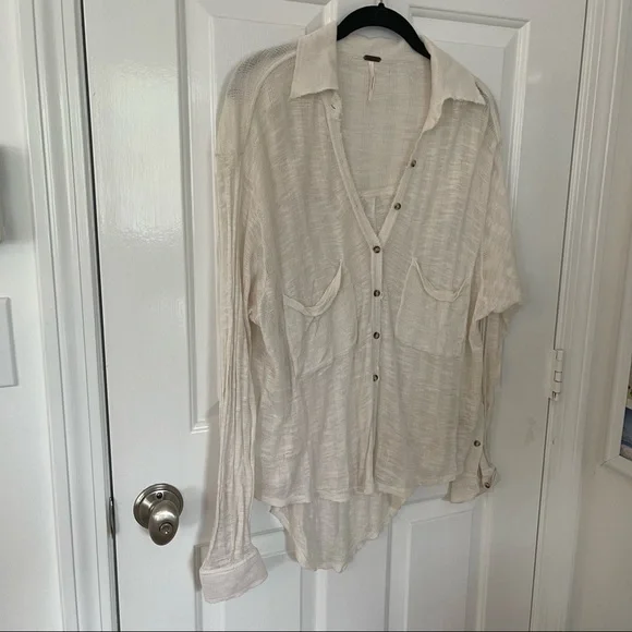Free People cream long sleeve button down top - Picture 3 of 14